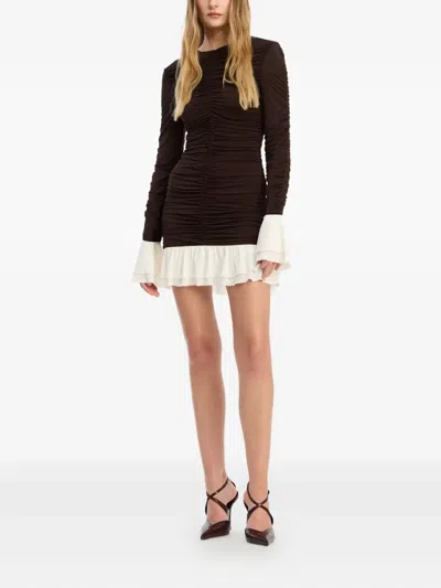 Rotate Birger Christensen Ruched Long-sleeved Mini Dress In Brown