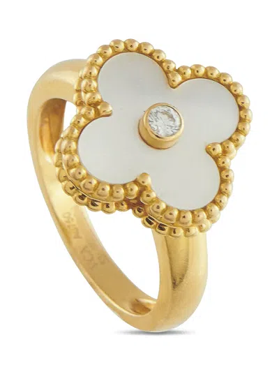 Pre-owned Van Cleef & Arpels 18k Yellow Gold Alhambra Diamond And Mother-of-pearl Ring