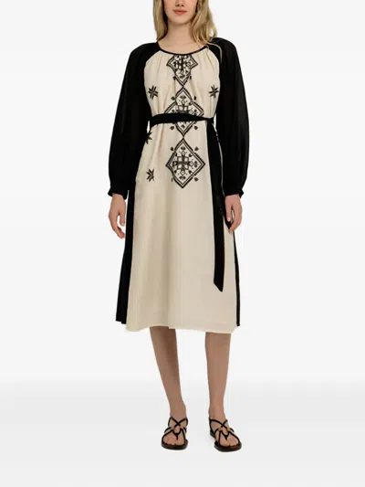 Greek Archaic Kori Geometric-pattern Long-sleeve Midi Dress In Neutral