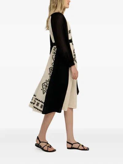 Greek Archaic Kori Geometric-pattern Long-sleeve Midi Dress In Neutral