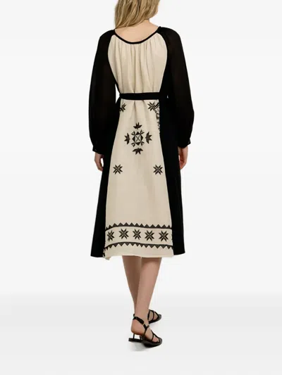 Greek Archaic Kori Geometric-pattern Long-sleeve Midi Dress In Neutral