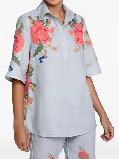 Greek Archaic Kori Floral-embroidered Blouse In Gray