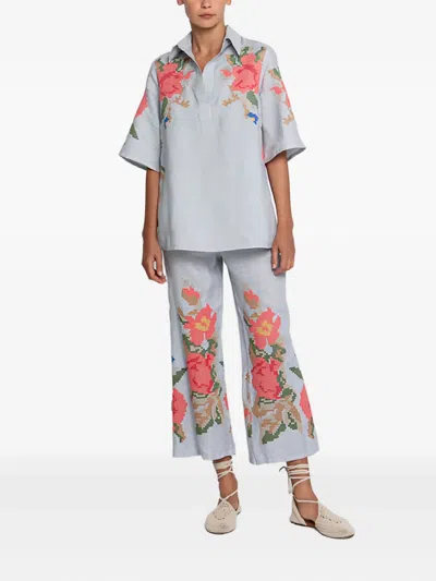 Greek Archaic Kori Floral-embroidered Blouse In Gray