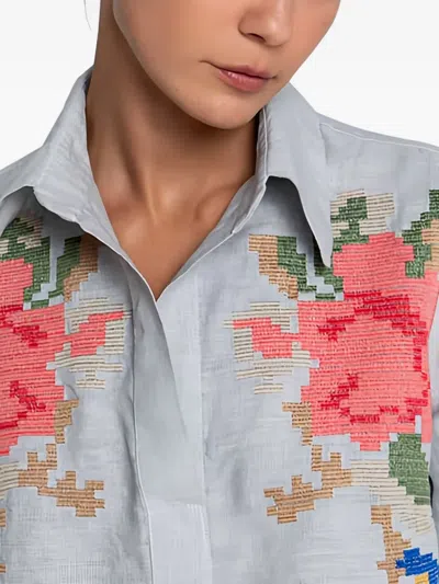 Greek Archaic Kori Floral-embroidered Blouse In Gray