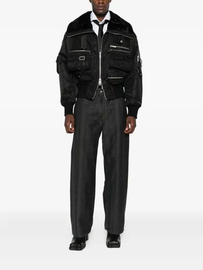 Feng Chen Wang Fur-collar Multi-pocket Jacket In Black