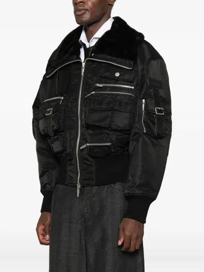 Feng Chen Wang Fur-collar Multi-pocket Jacket In Black