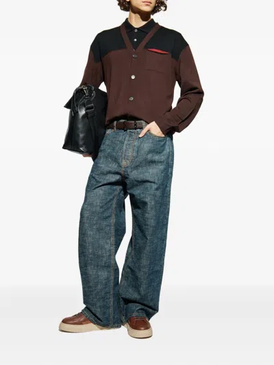 Lanvin Colourblock Chest-pocket Cardigan In Brown