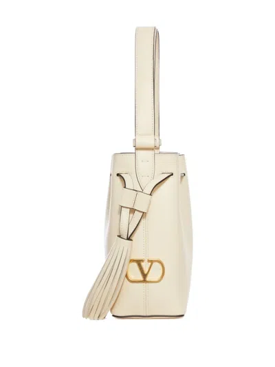 Valentino Cream V-logo Tassel Leather Bucket Bag In Neutral