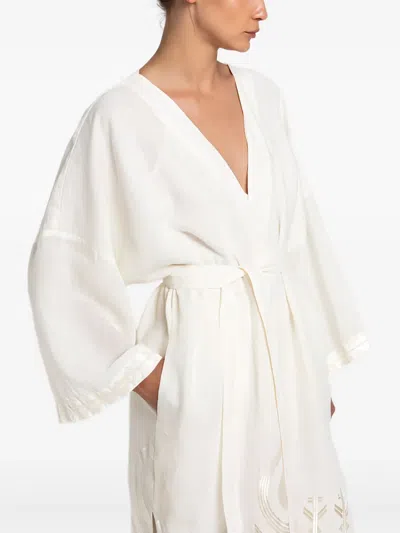 Greek Archaic Kori Feather Belt Embroidered Kimono Blouse In Neutral