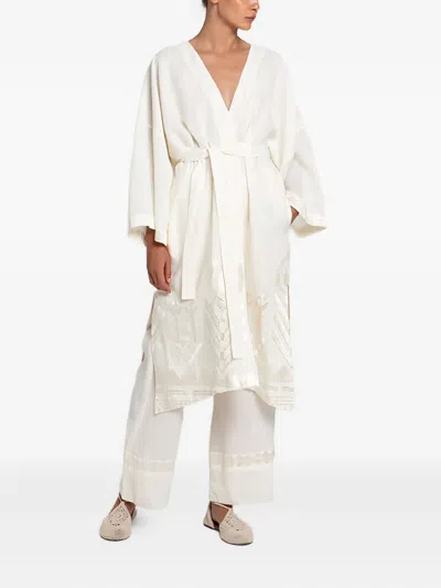 Greek Archaic Kori Feather Belt Embroidered Kimono Blouse In Neutral