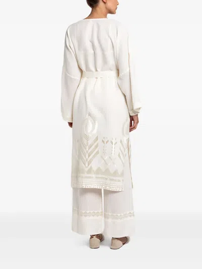 Greek Archaic Kori Feather Belt Embroidered Kimono Blouse In Neutral