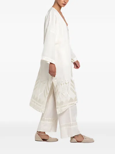 Greek Archaic Kori Feather Belt Embroidered Kimono Blouse In Neutral