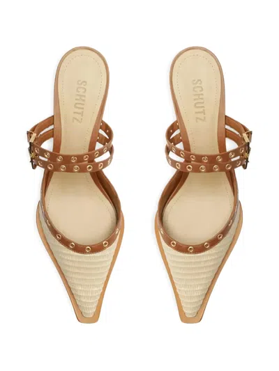 Schutz Ativ Bold V Buckled Studded Mules In Neutral