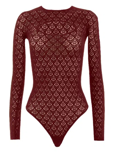 Wolford Net-pattern Long-sleeve Bodysuit In Burgundy