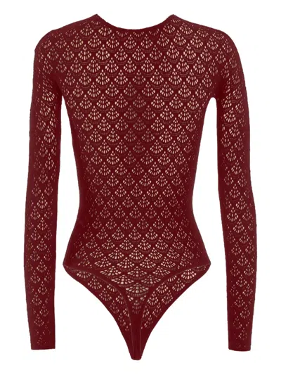 Wolford Net-pattern Long-sleeve Bodysuit In Burgundy