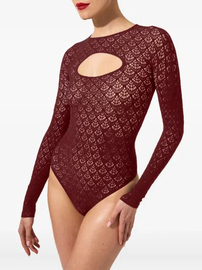 Wolford Net-pattern Long-sleeve Bodysuit In Burgundy