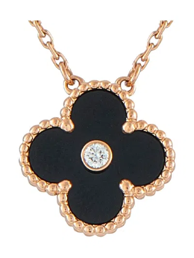 Pre-owned Van Cleef & Arpels 18k Rose Gold Alhambra Diamond And Jasper Pendant Necklace In Pink
