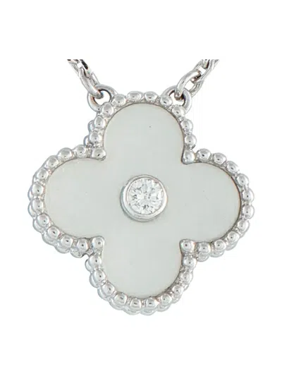 Pre-owned Van Cleef & Arpels 14k White Gold Alhambra Holiday Diamond Necklace In Silver