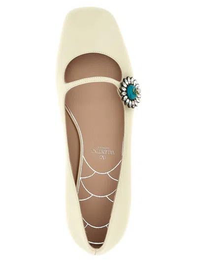 Valentino Embellished Square Toe Ballet Flats With Low Block Heel In White