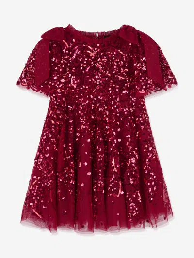 Needle & Thread Girls Sequin Ribbon Bow Dress In Red