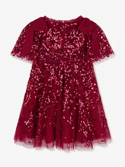 Needle & Thread Girls Sequin Ribbon Bow Dress In Red