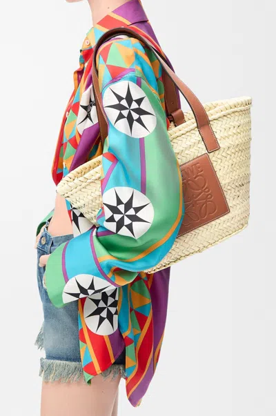 Loewe Palm Leaf And Calfskin Basket Tote In Brown