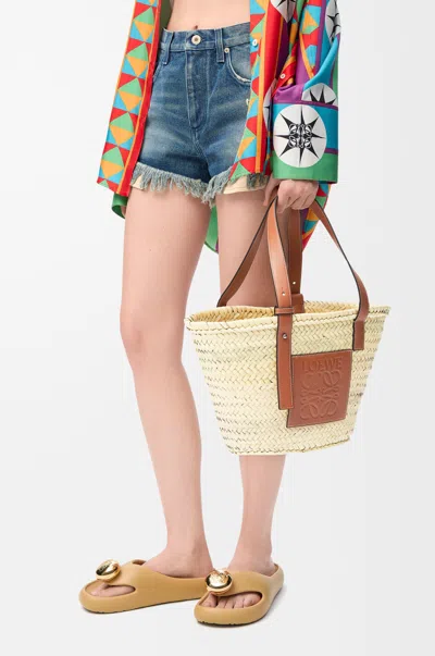 Loewe Palm Leaf And Calfskin Basket Tote In Brown