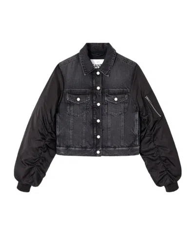 Ganni Modern Denim Jacket Contrast Sleeves In Black