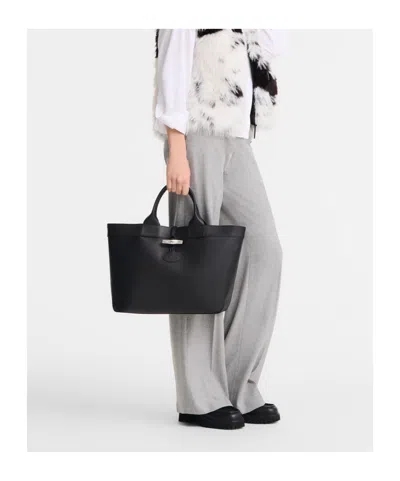 Longchamp Le Roseau Leather Tote Bag In Black