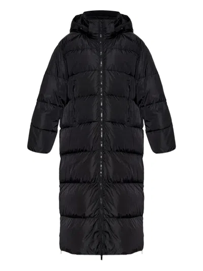 Add Long Ped Coat With Detachable Hood And Side Slits In Black