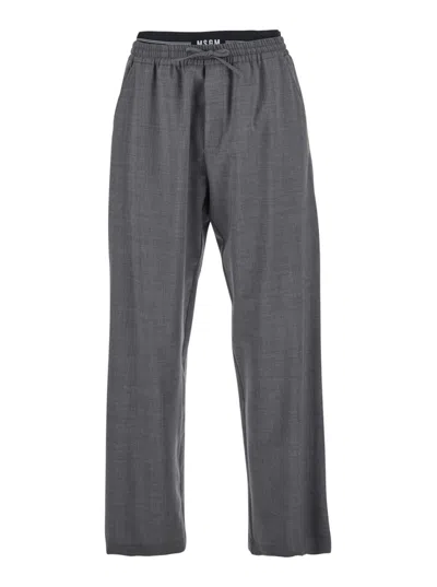 Msgm Grey Pants With Elastic Drawstring Waist In Wool Stretch Man In Gray