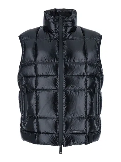 Dsquared2 Black Sleeveless Down Jacket With High Neck And Logo Patch On The Front In Tech Fabric Man In Blue