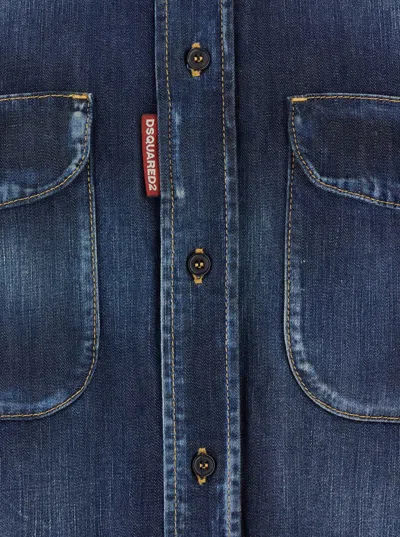 Dsquared2 Blue Shirt With Pointed Collar And Elbow Patches In Denim Man In Blue
