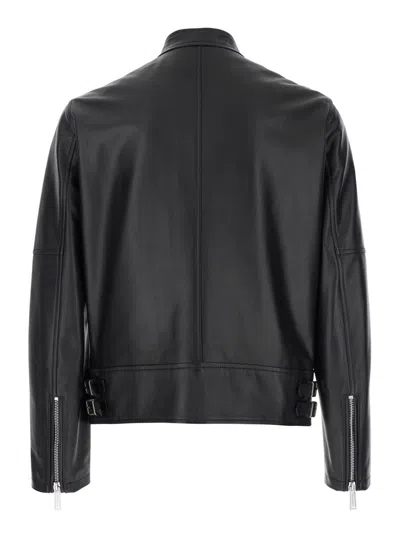 Dsquared2 Men Black Biker Jacket With Mandarin Collar And Waist Straps In Leather Man In Black