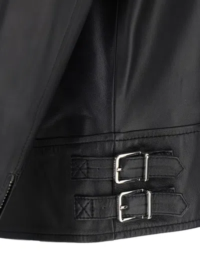 Dsquared2 Men Black Biker Jacket With Mandarin Collar And Waist Straps In Leather Man In Black