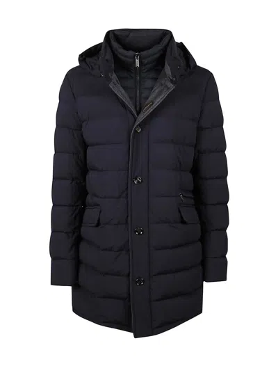 Moorer Padded Blue Down Jacket With Hood In Black