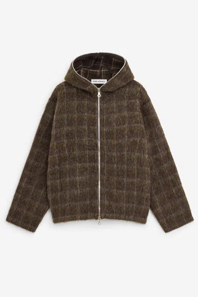 Our Legacy Textured Full Zip Hood Sweatshirt With Cozy Hood In Brown