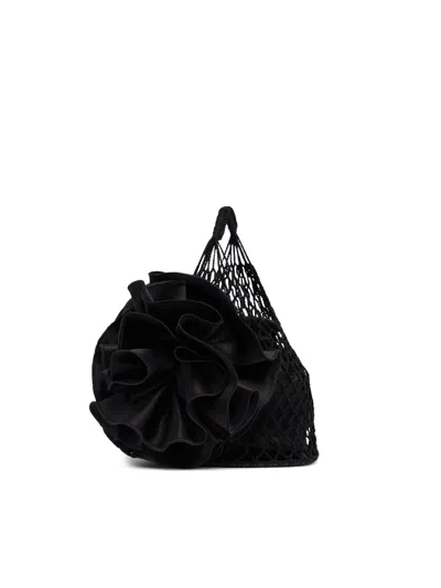 Magda Butrym Handbag With Silk Flower Accents And Textured Netting Design In Black