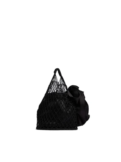 Magda Butrym Handbag With Silk Flower Accents And Textured Netting Design In Black