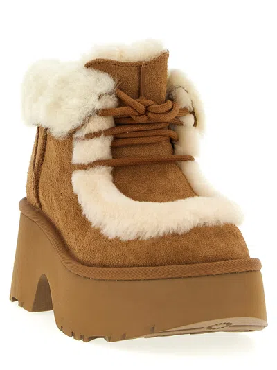 Ugg Esmee Beige Ankle Boots With Fur Detailing And Platform In Suede Woman In Brown