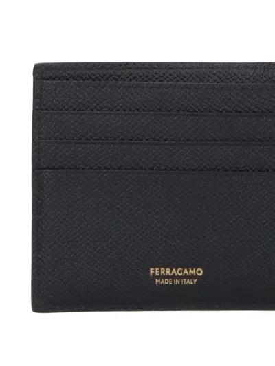 Ferragamo Gancini Leather Compact Wallet Textured Finish In Black