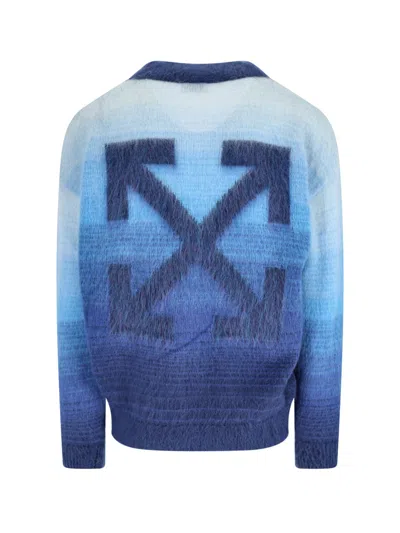 Off-white Gradient Crewneck Sweater With Ribbed Cuffs And Hem In Blue