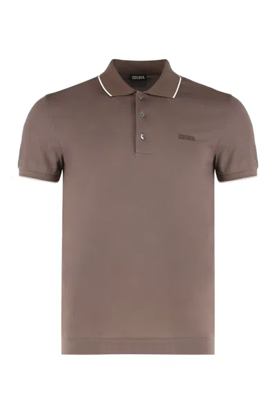 Zegna Slim Fit Cotton Polo With Short Sleeves In Brown