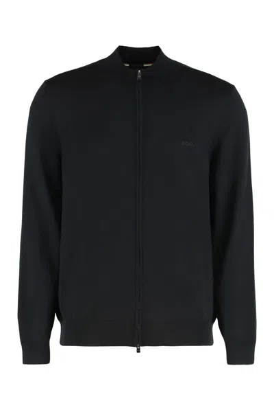Hugo Boss Boss Sweater With Zipper In Virgin Wool In Black