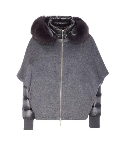 Moorer Hooded Down Jacket Featuring Quilted Sleeves In Gray
