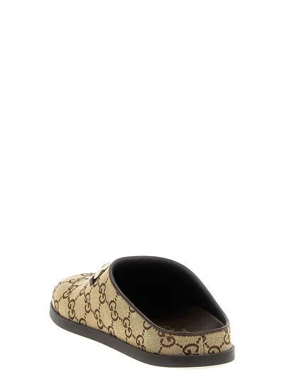 Gucci Gg Monogram Horsebit Flat Mules In Brown