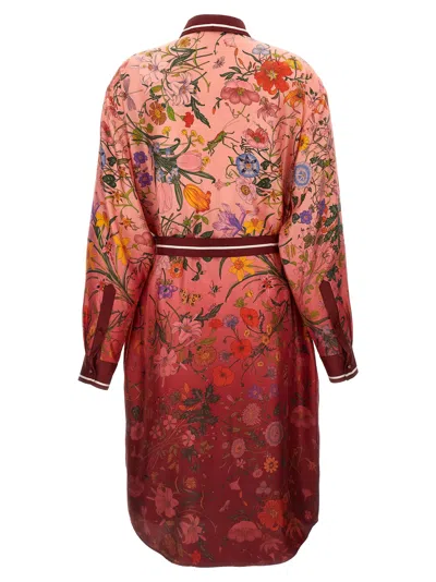 Gucci Bordeaux Gradient Dress With Removable Belt And All-over Flora Print In Silk Woman In Multi