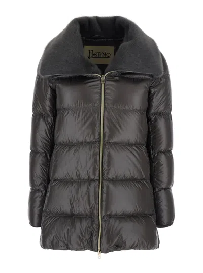 Herno Women Grey Ultralight Nylon And Lady Alternative Fur A-shape In Black