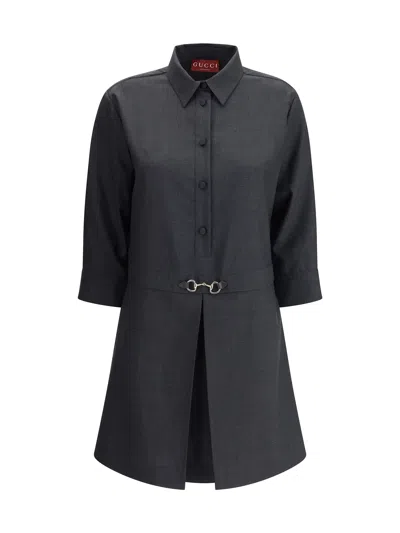 Gucci Womens Horsebit Long-sleeves Wool Mini Dress Ardesia Grey In Black