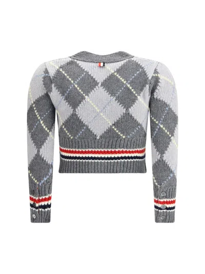 Thom Browne Argyle Intarsia Shrunken Virgin Wool Blend Cardigan In Gray